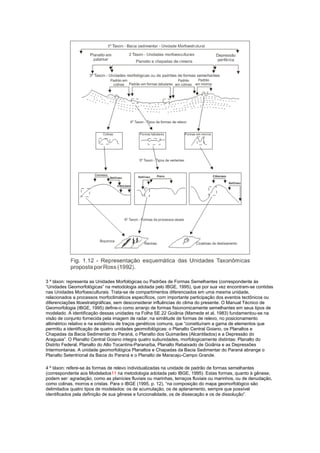 3 º táxon: representa as Unidades Morfológicas ou Padrões de Formas Semelhantes (correspondente às
“Unidades Geomorfológicas” na metodologia adotada pelo IBGE, 1995), que por sua vez encontram-se contidas
nas Unidades Morfoesculturais. Trata-se de compartimentos diferenciados em uma mesma unidade,
relacionados a processos morfoclimáticos específicos, com importante participação dos eventos tectônicos ou
diferenciações litoestratigráficas, sem desconsiderar influências do clima do presente. O Manual Técnico de
Geomorfologia (IBGE, 1995) define-o como arranjo de formas fisionomicamente semelhantes em seus tipos de
modelado. A identificação dessas unidades na Folha SE.22 Goiânia (Mamede et al, 1983) fundamentou-se na
visão de conjunto fornecida pela imagem de radar, na similitude de formas de relevo, no posicionamento
altimétrico relativo e na existência de traços genéticos comuns, que “constituíram a gama de elementos que
permitiu a identificação de quatro unidades geomofológicas: o Planalto Central Goiano, os Planaltos e
Chapadas da Bacia Sedimentar do Paraná, o Planalto dos Guimarães (Alcantilados) e a Depressão do
Araguaia”. O Planalto Central Goiano integra quatro subunidades, morfologicamente distintas: Planalto do
Distrito Federal, Planalto do Alto Tocantins-Paranaíba, Planalto Rebaixado de Goiânia e as Depressões
Intermontanas. A unidade geomorfológica Planaltos e Chapadas da Bacia Sedimentar do Paraná abrange o
Planalto Setentrional da Bacia do Paraná e o Planalto de Maracaju-Campo Grande.

4 º táxon: refere-se às formas de relevo individualizadas na unidade de padrão de formas semelhantes
(correspondente aos Modelados11 na metodologia adotada pelo IBGE, 1995). Estas formas, quanto à gênese,
podem ser: agradação, como as planícies fluviais ou marinhas, terraços fluviais ou marinhos, ou de denudação,
como colinas, morros e cristas. Para o IBGE (1995, p. 12), “na composição do mapa geomorfológico são
delimitados quatro tipos de modelados: os de acumulação, os de aplanamento, sempre que possível
identificados pela definição de sua gênese e funcionalidade, os de dissecação e os de dissolução”.
 