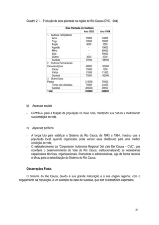 Quadro 2.1 – Evolução da área plantada na região do Rio Cauca (CVC, 1984)
Área Plantada em Hectares
Ano 1955 Ano 1984
1. Cultivos Temporários
Arroz 13000 14000
Trigo 12000 18000
Feijão 9000 2000
Algodão - 10000
Milho - 60000
Soja - 45000
Outros 3000 5000
Subtotal 37000 154000
2. Cultivos Permanentes
Cana-de-Açúcar 49000 130000
Cacau 13000 1000
Vários 11000 11000
Subtotal 73000 142000
3. Outros Usos
Pastos 215000 75000
Terras não utilizadas 70000 24000
Subtotal 285000 99000
Total 395000 395000
b) Aspectos sociais
- Contribuiu para a fixação da população no meio rural, mantendo sua cultura e melhorando
sua condição de vida.
c) Aspectos políticos
- A longa luta para viabilizar o Sistema do Rio Cauca, de 1943 a 1984, mostrou que a
população local, quando organizada, pode vencer seus obstáculos para uma melhor
condição de vida;
- O estabelecimento da “Corporación Autónoma Regional Del Vale Del Cauca – CVC”, que
coordena o desenvolvimento do Vale do Rio Cauca, institucionalizando as necessárias
capacidades técnicas, organizacionais, financeiras e administrativas, age de forma racional
e eficaz para a estabilização do Sistema do Rio Cauca.
Observações Finais
O Sistema do Rio Cauca, devido à sua grande maturação e à sua origem regional, com o
engajamento da população, é um exemplo de caso de sucesso, que traz os benefícios esperados.
21
 