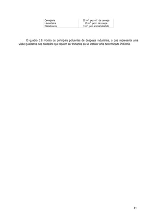 Cervejaria 20 m3
por m3
de cerveja
Lavandeira 10 m3
por t de roupa
Matadouros 3 m3
por animal abatido
O quadro 3.8 mostra os principais poluentes de despejos industriais, o que representa uma
visão qualitativa dos cuidados que devem ser tomados ao se instalar uma determinada indústria.
41
 