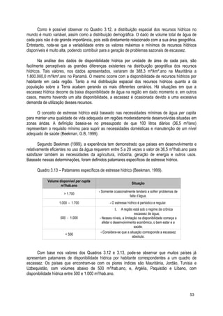 Como é possível observar no Quadro 3.12, a distribuição espacial dos recursos hídricos no
mundo é muito variável, assim como a distribuição demográfica. O dado de volume total de água de
cada país não é de grande importância, pois está diretamente relacionado com a sua área geográfica.
Entretanto, nota-se que a variabilidade entre os valores máximos e mínimos de recursos hídricos
disponíveis é muito alta, podendo contribuir para a geração de problemas sazonais de escassez.
Na análise dos dados de disponibilidade hídrica por unidade de área de cada país, são
facilmente perceptíveis as grandes diferenças existentes na distribuição geográfica dos recursos
hídricos. Tais valores, nos dados apresentados, variaram de 388,3 m³/km².ano na Mauritânia a
1.800.000,0 m³/km².ano no Panamá. O mesmo ocorre com a disponibilidade de recursos hídricos por
habitante em cada região. Tanto a má distribuição espacial dos recursos hídricos quanto a da
população sobre a Terra acabam gerando os mais diferentes cenários. Há situações em que a
escassez hídrica decorre da baixa disponibilidade de água na região em dado momento e, em outros
casos, mesmo havendo um alta disponibilidade, a escassez é ocasionada devido a uma excessiva
demanda de utilização desses recursos.
O conceito de estresse hídrico está baseado nas necessidades mínimas de água per capita
para manter uma qualidade de vida adequada em regiões moderadamente desenvolvidas situadas em
zonas áridas. A definição baseia-se no pressuposto de que 100 litros diários (36,5 m³/ano)
representam o requisito mínimo para suprir as necessidades domésticas e manutenção de um nível
adequado de saúde (Beekman, G.B, 1999).
Segundo Beekman (1999), a experiência tem demonstrado que países em desenvolvimento e
relativamente eficientes no uso da água requerem entre 5 a 20 vezes o valor de 36,5 m³/hab.ano para
satisfazer também às necessidades da agricultura, indústria, geração de energia e outros usos.
Baseado nessas determinações, foram definidos patamares específicos de estresse hídrico.
Quadro 3.13 – Patamares específicos de estresse hídrico (Beekman, 1999).
Volume disponível per capita
m³/hab.ano
Situação
> 1.700
- Somente ocasionalmente tenderá a sofrer problemas de
falta d’água.
1.000 - 1.700 - O estresse hídrico é periódico e regular.
500 - 1.000
1. A região está sob o regime de crônica
escassez de água;
- Nesses níveis, a limitação na disponibilidade começa a
afetar o desenvolvimento econômico, o bem estar e a
saúde.
< 500
- Considera-se que a situação corresponde a escassez
absoluta.
Com base nos valores dos Quadros 3.12 e 3.13, pode-se observar que muitos países já
apresentam patamares de disponibilidade hídrica por habitante correspondentes a um quadro de
escassez. Os países que encontram-se com os piores índices são Mauritânia, Jordão, Tunísia e
Uzbequistão, com volumes abaixo de 500 m³/hab.ano, e, Argélia, Paquistão e Líbano, com
disponibilidade hídrica entre 500 e 1.000 m³/hab.ano.
53
 