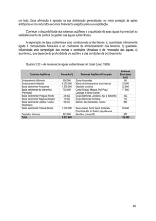um todo. Essa afirmação é apoiada na sua distribuição generalizada, na maior proteção às ações
antrópicas e nos reduzidos recursos financeiros exigidos para sua explotação.
Conhecer a disponibilidade dos sistemas aqüíferos e a qualidade de suas águas é primordial ao
estabelecimento de política de gestão das águas subterrâneas.
A exploração de água subterrânea está condicionada a três fatores: a) quantidade, intimamente
ligada à condutividade hidráulica e ao coeficiente de armazenamento dos terrenos; b) qualidade,
influenciada pela composição das rochas e condições climáticas e de renovação das águas; c)
econômico, que depende da profundidade do aqüífero e das condições de bombeamento.
Quadro 3.22 – As reservas de águas subterrâneas do Brasil (Leal, 1999).
Domínios Aqüíferos Áreas (km2
) Sistemas Aqüíferos Principais
Volumes
Estocados
(km3
)
Embasamento Aflorante 600.000 Zonas fraturadas 80
Embasamento Alterado 4.000.000 Manto de intemperismo e/ou fraturas 10.000
Bacia sedimentar Amazonas 1.300.000 Depósito clásticos 32.500
Bacia sedimentar do Maranhão
(Parnaíba)
700.000 Corda-Grajaú, Motuca, Poti-Piauí,
Cabeças e Serra Grande
17.500
Bacia Sedimentar Potiguar-Recife 23.000 Grupo Barreiras, Jandaíra, Açu e Beberibe 230
Bacia sedimentar Alagoas-Sergipe 10.000 Grupo Barreiras Muribeca 100
Bacia Sedimentar Jatobá-Tucano-
Recôncavo
56.000 Marizal, São Sebastião, Tacatu 840
Bacia sedimentar Paraná (Brasil) 1.000.000 Bauru-Caiuá, Serra Geral, Botucatu-
Pirambóia-Rio do Rastro, Aquidauana
50.400
Depósitos diversos 823.000 Aluviões, dunas (Q) 411
Total 8.512.000 112.000
68
 