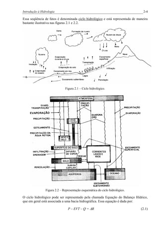 Introdução à Hidrologia 2-4
Essa seqüência de fatos é denominada ciclo hidrológico e está representada de maneira
bastante ilustrativa nas figuras 2.1 e 2.2.
Figura 2.1 – Ciclo hidrológico.
Figura 2.2 – Representação esquemática do ciclo hidrológico.
O ciclo hidrológico pode ser representado pela chamada Equação do Balanço Hídrico,
que em geral está associada a uma bacia hidrográfica. Essa equação é dada por:
P – EVT – Q = DR (2.1)
 