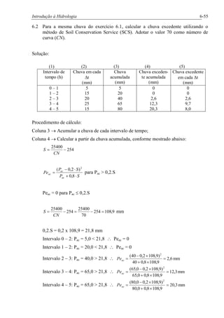 Introdução à Hidrologia 6-55
6.2 Para a mesma chuva do exercício 6.1, calcular a chuva excedente utilizando o
método de Soil Conservation Service (SCS). Adotar o valor 70 como número de
curva (CN).
Solução:
(1) (2) (3) (4) (5)
Intervalo de
tempo (h)
Chuva em cada
Dt
(mm)
Chuva
acumulada
(mm)
Chuva exceden-
te acumulada
(mm)
Chuva excedente
em cada Dt
(mm)
0 – 1
1 – 2
2 – 3
3 – 4
4 – 5
5
15
20
25
15
5
20
40
65
80
0
0
2,6
12,3
20,3
0
0
2,6
9,7
8,0
Procedimento de cálculo:
Coluna 3 ® Acumular a chuva de cada intervalo de tempo;
Coluna 4 ® Calcular a partir da chuva acumulada, conforme mostrado abaixo:
254
25400
-=
CN
S
SP
SP
Pe
ac
ac
ac
×+
×-
=
8,0
)2,0( 2
para Pac > 0,2.S
Peac = 0 para Pac £ 0,2.S
9,108254
70
25400
254
25400
=-=-=
CN
S mm
0,2.S = 0,2 x 108,9 = 21,8 mm
Intervalo 0 – 2: Pac = 5,0 < 21,8  Peac = 0
Intervalo 1 – 2: Pac = 20,0 < 21,8  Peac = 0
Intervalo 2 – 3: Pac = 40,0 > 21,8  mm6,2
9,1088,040
)9,1082,040( 2
=
´+
´-
=acPe
Intervalo 3 – 4: Pac = 65,0 > 21,8  mm3,12
9,1088,00,65
)9,1082,00,65( 2
=
´+
´-
=acPe
Intervalo 4 – 5: Pac = 65,0 > 21,8  mm3,20
9,1088,00,80
)9,1082,00,80( 2
=
´+
´-
=acPe
 