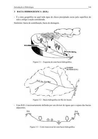 Introdução à Hidrologia 3-6
3 BACIA HIDROGRÁFICA (B.H.)
- É a área geográfica na qual toda água de chuva precipitada escoa pela superfície do
solo e atinge a seção considerada.
Sinônimo: bacia de contribuição, bacia de drenagem.
Figura 3.1 – Esquema de uma bacia hidrográfica.
Figura 3.2 – Bacia hidrográfica do Rio do Jacaré.
- Uma B.H. é necessariamente definida por um divisor de águas que a separa das bacias
adjacentes.
Figura 3.3 – Corte transversal de uma bacia hidrográfica.
 