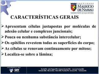 CARACTERÍSTICAS GERAIS Apresentam células justapostas por moléculas de adesão celular e complexos juncionais; Pouca ou nenhuma substância intercelular; Os epitélios revestem todas as superfícies do corpo; As células se renovam continuamente por mitose; Localiza-se sobre a lâmina; 