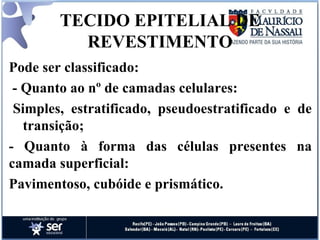 TECIDO EPITELIAL DE REVESTIMENTO Pode ser classificado:    - Quanto ao nº de camadas celulares: Simples, estratificado, pseudoestratificado e de transição; - Quanto à forma das células presentes na camada superficial: Pavimentoso, cubóide e prismático. 