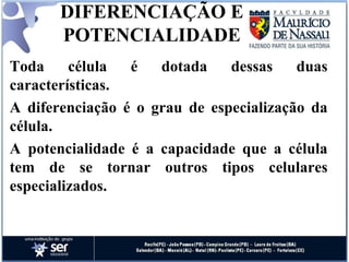 DIFERENCIAÇÃO E POTENCIALIDADE Toda célula é dotada dessas duas características. A diferenciação é o grau de especialização da célula. A potencialidade é a capacidade que a célula tem de se tornar outros tipos celulares especializados. 