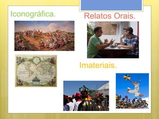 Iconográfica. Relatos Orais.
Imateriais.
 