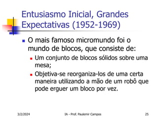 3/2/2024 IA - Prof. Paulemir Campos 25
Entusiasmo Inicial, Grandes
Expectativas (1952-1969)
 O mais famoso micromundo foi o
mundo de blocos, que consiste de:
 Um conjunto de blocos sólidos sobre uma
mesa;
 Objetiva-se reorganiza-los de uma certa
maneira utilizando a mão de um robô que
pode erguer um bloco por vez.
 