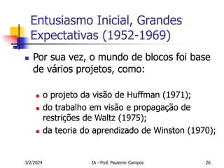 3/2/2024 IA - Prof. Paulemir Campos 26
Entusiasmo Inicial, Grandes
Expectativas (1952-1969)
 Por sua vez, o mundo de blocos foi base
de vários projetos, como:
 o projeto da visão de Huffman (1971);
 do trabalho em visão e propagação de
restrições de Waltz (1975);
 da teoria do aprendizado de Winston (1970);
 
