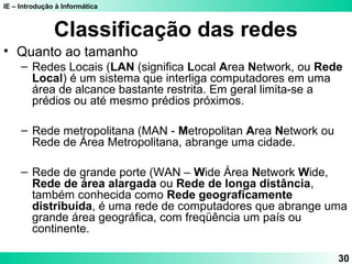 IE – Introdução à Informática 
30 
Classificação das redes 
• Quanto ao tamanho 
– Redes Locais (LAN (significa Local Area Network, ou Rede 
Local) é um sistema que interliga computadores em uma 
área de alcance bastante restrita. Em geral limita-se a 
prédios ou até mesmo prédios próximos. 
– Rede metropolitana (MAN - Metropolitan Area Network ou 
Rede de Área Metropolitana, abrange uma cidade. 
– Rede de grande porte (WAN – Wide Área Network Wide, 
Rede de área alargada ou Rede de longa distância, 
também conhecida como Rede geograficamente 
distribuída, é uma rede de computadores que abrange uma 
grande área geográfica, com freqüência um país ou 
continente. 
 