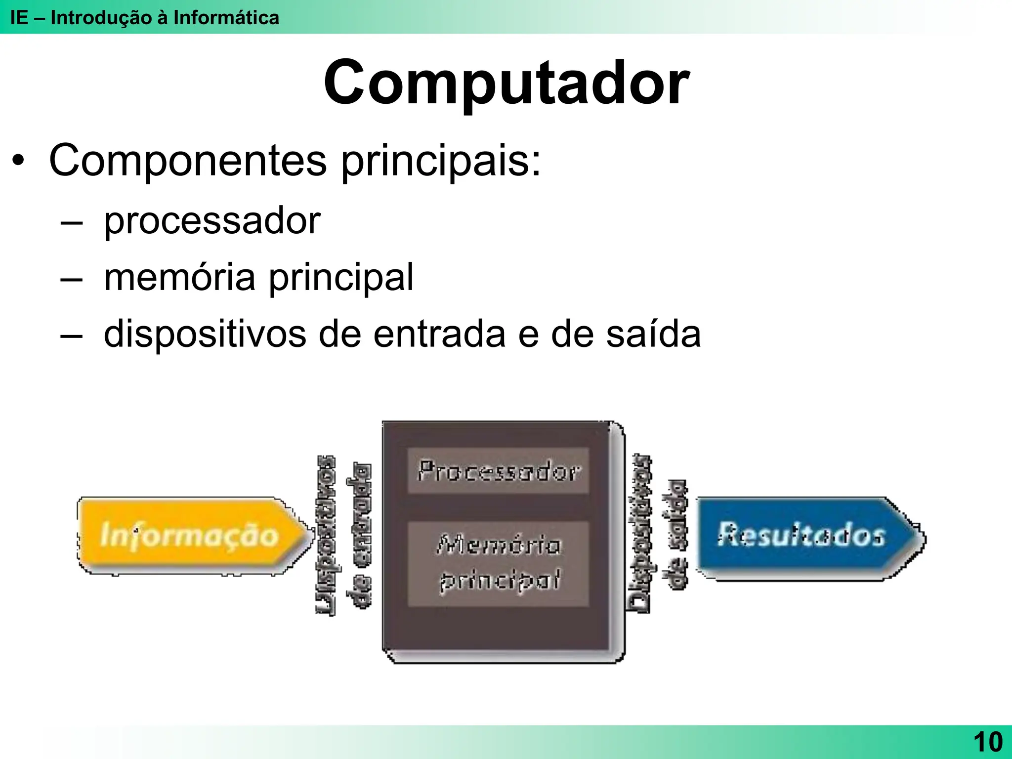 IE – Introdução à Informática
10
Computador
• Componentes principais:
– processador
– memória principal
– dispositivos de entrada e de saída
 