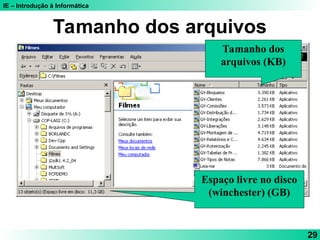 IE – Introdução à Informática
29
Tamanho dos arquivos
Tamanho dos
arquivos (KB)
Espaço livre no disco
(winchester) (GB)
 
