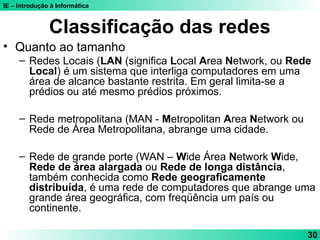 IE – Introdução à Informática
30
Classificação das redes
• Quanto ao tamanho
– Redes Locais (LAN (significa Local Area Network, ou Rede
Local) é um sistema que interliga computadores em uma
área de alcance bastante restrita. Em geral limita-se a
prédios ou até mesmo prédios próximos.
– Rede metropolitana (MAN - Metropolitan Area Network ou
Rede de Área Metropolitana, abrange uma cidade.
– Rede de grande porte (WAN – Wide Área Network Wide,
Rede de área alargada ou Rede de longa distância,
também conhecida como Rede geograficamente
distribuída, é uma rede de computadores que abrange uma
grande área geográfica, com freqüência um país ou
continente.
 