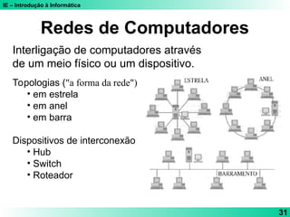 IE – Introdução à Informática
31
Redes de Computadores
Interligação de computadores através
de um meio físico ou um dispositivo.
Topologias ("a forma da rede")
• em estrela
• em anel
• em barra
Dispositivos de interconexão
• Hub
• Switch
• Roteador
 