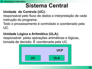 IE – Introdução à Informática
12
Unidade de Controle (UC):
responsável pelo fluxo de dados e interpretação de cada
instrução do programa.
Todo o processamento é controlado e coordenado pela
UC.
Unidade Lógica e Aritmética (ULA):
responsável pelas operações aritméticas e lógicas,
tomada de decisão. É coordenada pela UC.
Sistema Central
UC ULA
UCP
 
