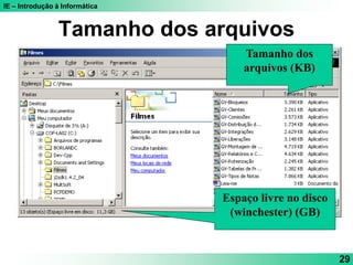 IE – Introdução à Informática
29
Tamanho dos arquivos
Tamanho dos
arquivos (KB)
Espaço livre no disco
(winchester) (GB)
 