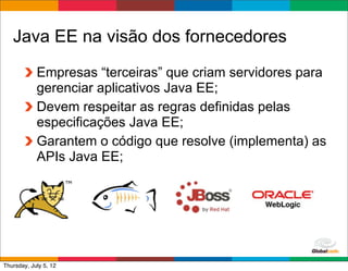 Java EE na visão dos fornecedores
            Empresas “terceiras” que criam servidores para
            gerenciar aplicativos Java EE;
            Devem respeitar as regras definidas pelas
            especificações Java EE;
            Garantem o código que resolve (implementa) as
            APIs Java EE;




                                              Globalcode	
  –	
  Open4education
Thursday, July 5, 12
 