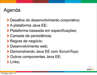 Agenda

            Desafios do desenvolvimento corporativo;
            A plataforma Java EE;
            Plataforma baseada em especificações;
            Camada de persistência;
            Regras de negócio;
            Desenvolvimento web;
            Demonstrando Java EE com ScrumToys;
            Outros componentes Java EE;
            Links;

                                              Globalcode	
  –	
  Open4education
Thursday, July 5, 12
 