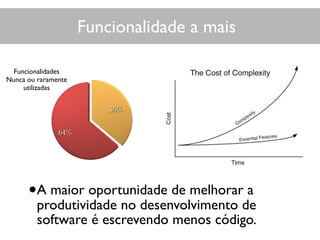 Funcionalidade a mais
•A maior oportunidade de melhorar a
produtividade no desenvolvimento de
software é escrevendo menos código.
Funcionalidades
Nunca ou raramente
utilizadas
 