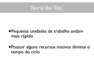 Teoria das ﬁlas
•Pequenas unidades de trabalho andam
mais rápido
•Possuir alguns recursos inativos diminui o
tempo do ciclo
 
