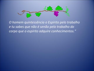 O homem quintessência o Espírito pelo trabalho
e tu sabes que não é senão pelo trabalho do
corpo que o espírito adquire conhecimentos.”
 