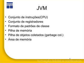 JVM Conjunto de instruções(CPU) Conjunto de registradores Formato de padrões de classe Pilha de memória Pilha de objetos coletados (garbage col.) Área de memória 