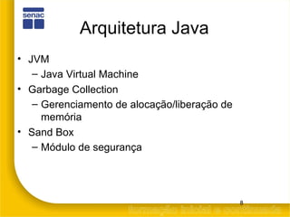 Arquitetura Java <ul><li>JVM </li></ul><ul><ul><li>Java Virtual Machine </li></ul></ul><ul><li>Garbage Collection </li></u...