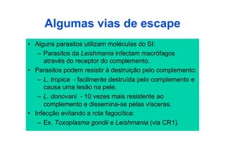 Algumas vias de escape
•  Alguns parasitos utilizam moléculas do SI:
    –  Parasitos da Leishmania infectam macrófagos
       através do receptor do complemento.
•  Parasitos podem resistir à destruição pelo complemento:
    –  L. tropica - facilmente destruída pelo complemento e
       causa uma lesão na pele.
    –  L. donovani - 10 vezes mais resistente ao
       complemento e dissemina-se pelas vísceras.
•  Infecção evitando a rota fagocítica:
    –  Ex. Toxoplasma gondii e Leishmania (via CR1).
 