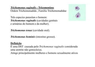 Trichomonas vaginalis - Tricomoníase
Ordem Trichomonadida , Familia Trichomonadidae

Três especies parasitan o homem:
Trichomonas vaginalis (cavidades genitais
e urinárias do homem e da mulher).

Trichomonas tenax (cavidade oral).

Trichomonas hominis (intestino grosso).

Definição
É uma DST causada pelo Trichomonas vaginalis considerada
uma uretrite não gonocócica.
Atinge principalmente mulheres e homens sexualmente ativos
 