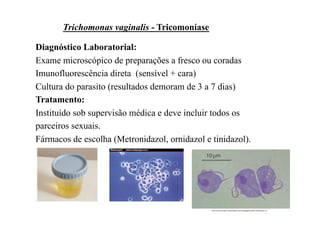 Trichomonas vaginalis - Tricomoníase

Diagnóstico Laboratorial:
Exame microscópico de preparações a fresco ou coradas
Imunofluorescência direta (sensível + cara)
Cultura do parasito (resultados demoram de 3 a 7 dias)
Tratamento:
Instituído sob supervisão médica e deve incluir todos os
parceiros sexuais.
Fármacos de escolha (Metronidazol, ornidazol e tinidazol).
 