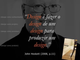 “Design é fazer o
design de um
design para
produzir um
design.”
John Heskett (2008, p.11)
(design como projeto)
(design como produto)
(design como processo)
(design como conhecimento)
 