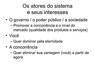Os atores do sistema
e seus interesses
• O governo / o poder público / a sociedade
– Promover a concorrência e o nível do
mercado (qualidade dos produtos e serviços)
• Você
– Quer dominar pela eternidade
• A concorrência
– Quer eliminar sua vantagem (você) a partir de
agora
 