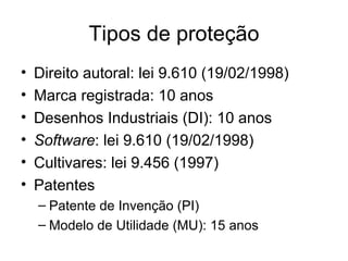 Tipos de proteção
• Direito autoral: lei 9.610 (19/02/1998)
• Marca registrada: 10 anos
• Desenhos Industriais (DI): 10 anos
• Software: lei 9.610 (19/02/1998)
• Cultivares: lei 9.456 (1997)
• Patentes
– Patente de Invenção (PI)
– Modelo de Utilidade (MU): 15 anos
 