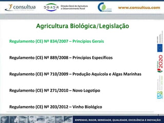 Agricultura Biológica/Legislação
Regulamento (CE) Nº 834/2007 – Princípios Gerais
Regulamento (CE) Nº 889/2008 – Princípios Específicos
Regulamento (CE) Nº 710/2009 – Produção Aquícola e Algas Marinhas
Regulamento (CE) Nº 271/2010 – Novo Logotipo
Regulamento (CE) Nº 203/2012 – Vinho Biológico
 