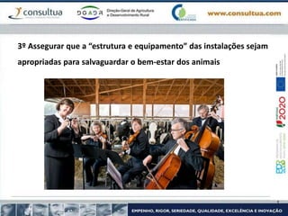 3º Assegurar que a “estrutura e equipamento” das instalações sejam
apropriadas para salvaguardar o bem-estar dos animais
 
