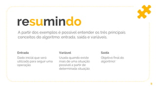 resumindo
Entrada
Dado inicial que será
utilizado para seguir uma
operação.
Variável
Usada quando existe
mais de uma situação
possível a partir de
determinada situação.
Saída
Objetivo final do
algoritmo!
9
A partir dos exemplos é possível entender os três principais
conceitos do algoritmo: entrada, saída e variáveis.
 