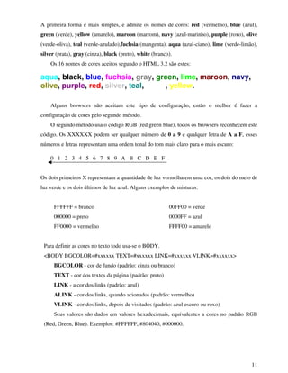 11
A primeira forma é mais simples, e admite os nomes de cores: red (vermelho), blue (azul),
green (verde), yellow (amarelo), maroon (marrom), navy (azul-marinho), purple (roxo), olive
(verde-oliva), teal (verde-azulado),fuchsia (mangenta), aqua (azul-ciano), lime (verde-limão),
silver (prata), gray (cinza), black (preto), white (branco).
Os 16 nomes de cores aceitos segundo o HTML 3.2 são estes:
aqua, black, blue, fuchsia, gray, green, lime, maroon, navy,
olive, purple, red, silver, teal, white, yellow.
Alguns browsers não aceitam este tipo de configuração, então o melhor é fazer a
configuração de cores pelo segundo método.
O segundo método usa o código RGB (red green blue), todos os browsers reconhecem este
código. Os XXXXXX podem ser qualquer número de 0 a 9 e qualquer letra de A a F, esses
números e letras representam uma ordem tonal do tom mais claro para o mais escuro:
0 1 2 3 4 5 6 7 8 9 A B C D E F
Os dois primeiros X representam a quantidade de luz vermelha em uma cor, os dois do meio de
luz verde e os dois últimos de luz azul. Alguns exemplos de misturas:
FFFFFF = branco
000000 = preto
FF0000 = vermelho
00FF00 = verde
0000FF = azul
FFFF00 = amarelo
Para definir as cores no texto todo usa-se o BODY.
<BODY BGCOLOR=#xxxxxx TEXT=#xxxxxx LINK=#xxxxxx VLINK=#xxxxxx>
BGCOLOR - cor de fundo (padrão: cinza ou branco)
TEXT - cor dos textos da página (padrão: preto)
LINK - a cor dos links (padrão: azul)
ALINK - cor dos links, quando acionados (padrão: vermelho)
VLINK - cor dos links, depois de visitados (padrão: azul escuro ou roxo)
Seus valores são dados em valores hexadecimais, equivalentes a cores no padrão RGB
(Red, Green, Blue). Exemplos: #FFFFFF, #804040, #000000.
 