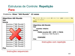102
Estruturas de Controle: Repetição
Para
Problema: Dizer “Alô Mundo” 12 vezes
Algoritmo Alô Mundo
Var
nconta: inteiro
Inicio
PARA nconta DE 1 ATE 12 FACA
Escreva (“Alô Mundo”)
......
FIMPARA
Fim
Algoritmo Alô Mundo
Var
Inicio
Escreva (“Alô Mundo”)
Escreva (“Alô Mundo”)
Escreva (“Alô Mundo”)
Escreva (“Alô Mundo”)
Escreva (“Alô Mundo”)
Escreva (“Alô Mundo”)
Escreva (“Alô Mundo”)
Escreva (“Alô Mundo”)
Escreva (“Alô Mundo”)
Escreva (“Alô Mundo”)
Escreva (“Alô Mundo”)
Escreva (“Alô Mundo”)
Fim
Instruções sequenciais
Instruções com repetição
 
