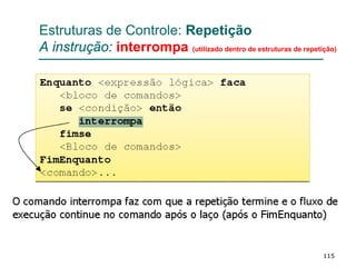 115
Estruturas de Controle: Repetição
A instrução: interrompa (utilizado dentro de estruturas de repetição)
 
