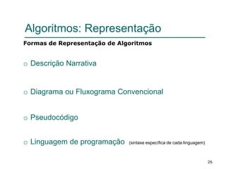 26
Algoritmos: Representação
Formas de Representação de Algoritmos
o Descrição Narrativa
o Diagrama ou Fluxograma Convencional
o Pseudocódigo
o Linguagem de programação (sintaxe específica de cada linguagem)
 