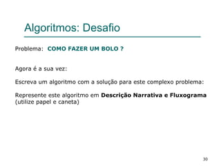 30
Algoritmos: Desafio
Problema: COMO FAZER UM BOLO ?
Agora é a sua vez:
Escreva um algoritmo com a solução para este complexo problema:
Represente este algoritmo em Descrição Narrativa e Fluxograma
(utilize papel e caneta)
 
