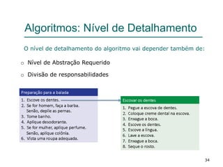 34
Algoritmos: Nível de Detalhamento
o Nível de Abstração Requerido
o Divisão de responsabilidades
O nível de detalhamento do algoritmo vai depender também de:
 