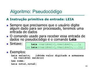 40
Algoritmo: Pseudocódigo
A Instrução primitiva de entrada: LEIA
 