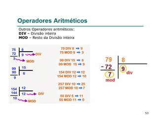53
Operadores Aritméticos
Outros Operadores aritméticos:
DIV – Divisão inteira
MOD – Resto da Divisão inteira
 