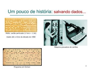 7
Um pouco de história: salvando dados...
Mídia: cartão perfurado (1 furo = 1 bit)
Usado até o início da década de 1980
Máquina gravadora de cartões
Programa em fortran
 