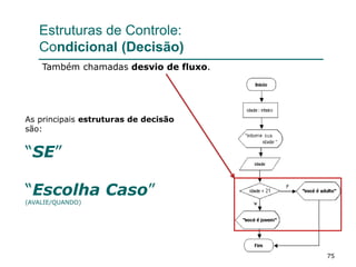 75
Estruturas de Controle:
Condicional (Decisão)
As principais estruturas de decisão
são:
“SE”
“Escolha Caso”
(AVALIE/QUANDO)
Também chamadas desvio de fluxo.
 