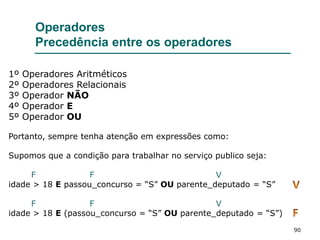 90
Operadores
Precedência entre os operadores
1º Operadores Aritméticos
2º Operadores Relacionais
3º Operador NÃO
4º Operador E
5º Operador OU
Portanto, sempre tenha atenção em expressões como:
Supomos que a condição para trabalhar no serviço publico seja:
F F V
idade > 18 E passou_concurso = “S” OU parente_deputado = “S”
F F V
idade > 18 E (passou_concurso = “S” OU parente_deputado = “S”)
 