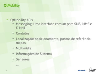 QtMobility


  • QtMobility APIs
     ●
       Messaging: Uma interface comum para SMS, MMS e
       E-Mail
      ●
          Contatos
      ●
          Localização: posicionamento, postos de referência,
          mapas
      ●
          Multimídia
      ●
          Informações de Sistema
      ●
          Sensores
          ...
 32
 