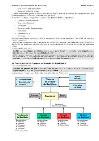Introdução aos Conceitos da ISO 9001:2000 Página Ivii de Ixx
− Que atenda aos requisitos e
− Satisfaça o cliente (dele).
Clientes demandam garantia de que seus fornecedores possam maximizar essa expectativa e que
tomarão medidas reais para fornecer essa garantia.
A alta direção deve assegurar que sua Gestão da Qualidade composta de:
− Estrutura organizacional;
− Responsabilidades;
− Processos;
− Documentação dos processos;
− Controles;
− Treinamento e
− Recursos.
Sejam determinados e disponíveis para a organização a fim de alcançar a “garantia” de que seus
clientes esperam.
Tendo-se estabelecido o que se entende por qualidade, deve-se considerar as várias ferramentas
de gestão da qualidade disponíveis para a implementação de sistema de gestão da qualidade
eficaz.
Segundo a ISO 9000:2005
Gestão da qualidade: atividades coordenadas para dirigir e controlar uma organização
(3.3.1), no que diz respeito à qualidade (3.1.1).
NOTA·A direção e controle no que diz respeito à qualidade, geralmente incluem o estabelecimento da política
da qualidade (3.2.4) e dos objetivos da qualidade (3.2.5), planejamento da qualidade (3.2.9), controle de
qualidade (3.2.10), garantia de qualidade (3.2.11) e melhoria da qualidade (3.2.12).
b) Ferramentas do Sistema de Gestão da Qualidade
Segundo a ISO 9000:2005
Sistema de gestão da qualidade: sistema de gestão (3.2.2) para dirigir e controlar uma
organização (3.3.1), no que diz respeito à qualidade (3.1.1).
Interação das Ferramentas de Gestão com a Gestão por Processos:
FONTE: (BSI, 2005)
Conformidade
Consistência
Garantia
Sistema
de Gestão
da Qualidade
Norma
ISO 9001
Princípios
de SGQ
Planejamento
da Qualidade
Garantia
da Qualidade
Controle
da Qualidade
Melhoria
da Qualidade
Características
Políticas
Objetivos
Processos
Recursos
Controles
Características
Pró ativa
Preventiva
Confiança
Características
Reativo
Detectivo
Conformidade
Características
Eficácia
Eficiência
Capabilidade
Ferramentas
Para Gerenciar o SGQ
Processo
Entradas
(fornecedores)
Saídas
(clientes)
 